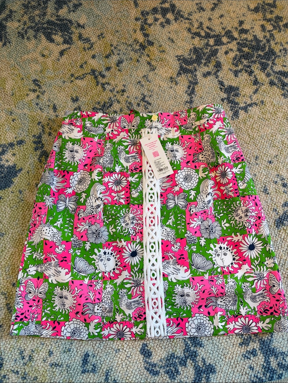 Lilly Pulitzer Pink, Green & White Printed Mini Skirt with Lace Trim